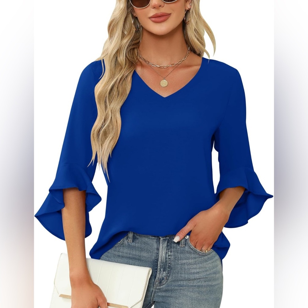 Qirno Chiffon Blouses for Women Ruffle 3/4 Sleeve Dressy V Neck Casual in blue